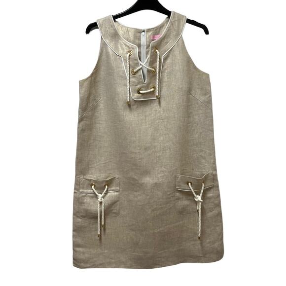 Lilly Pulitzer Beige Linen Nautical Lace Up Sleeveless Shift Dress Size 6 - Picture 1 of 4